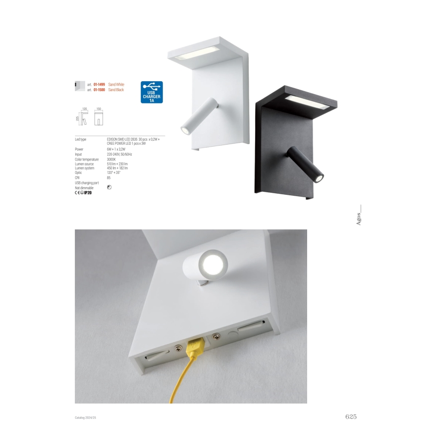 Redo 01-1500 - LED Sienas starmetis AGOS LED/6W/230V + LED/3,2W USB melna