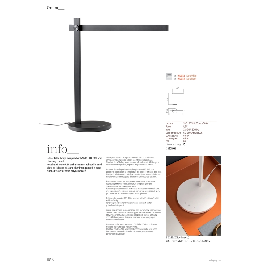 Redo 01-2212 - LED Aptumšojama skārienvadāma galda lampa OMEO LED/5,5W/230V 3000/4500/6500K balta