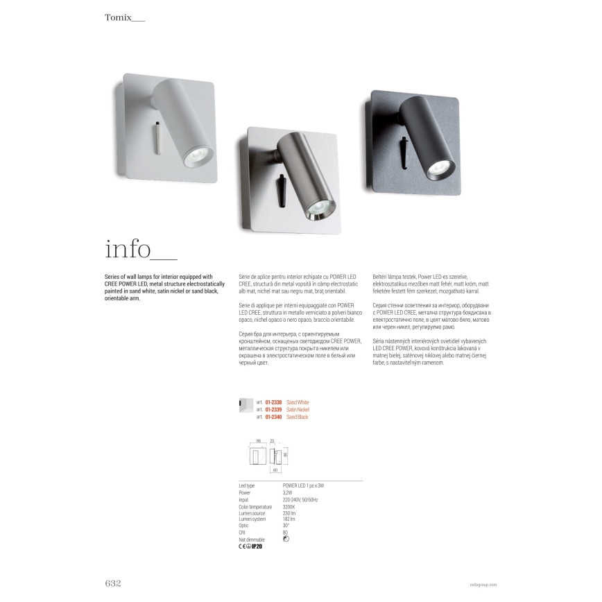 Redo 01-2340 - LED Sienas starmetis TOMIX LED/3,2W/230V melna