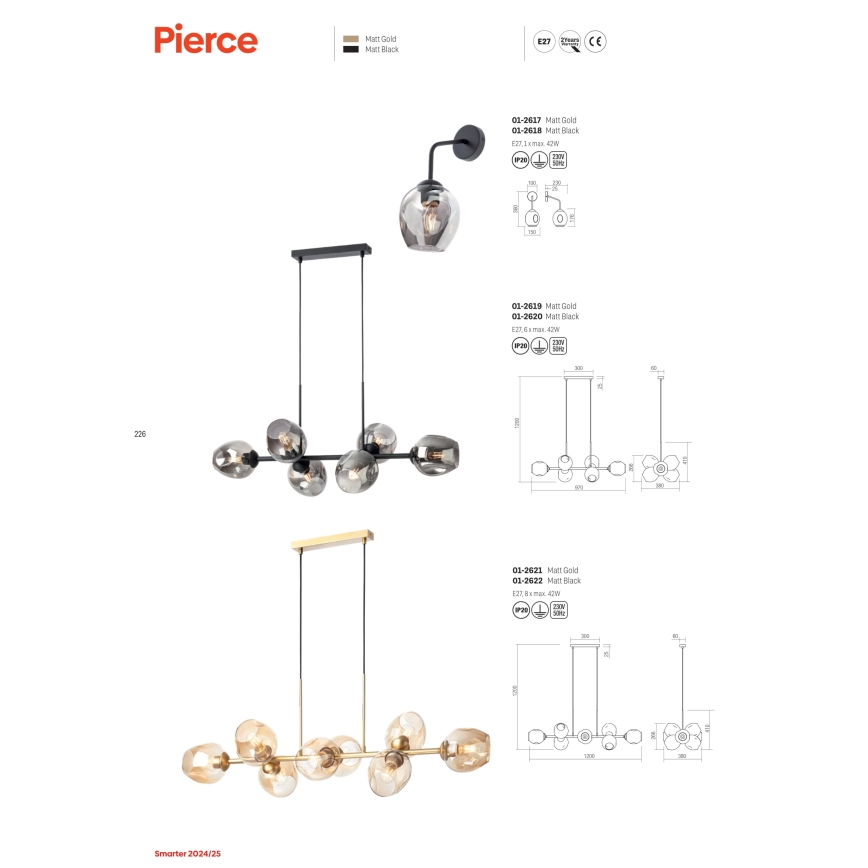 Redo 01-2617 - Sienas lampa PIERCE 1xE27/42W/230V zelta/dūmakains
