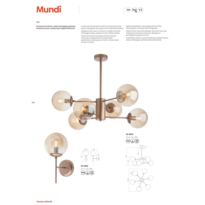 Redo 01-2942 - Sienas lampa MUNDI 1xE14/28W/230V vara/dūmakaina