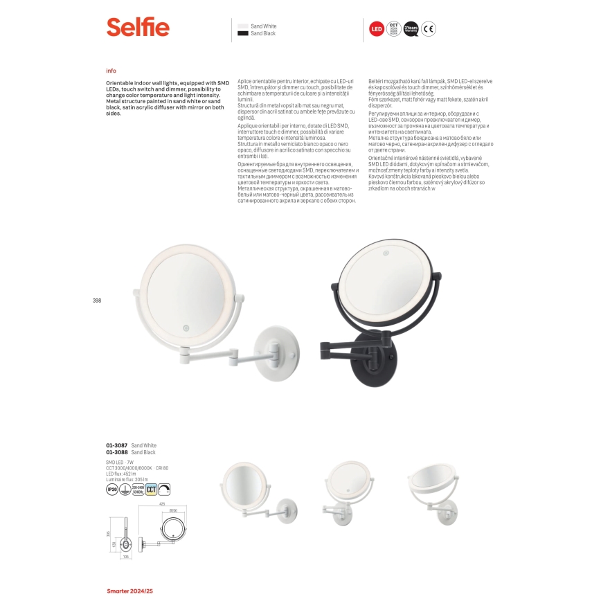 Redo 01-3087 - LED Aptumšojams skārienvadāma kosmētikais spogulis SELFIE LED/7W/230V 3000/4000/6000K balta