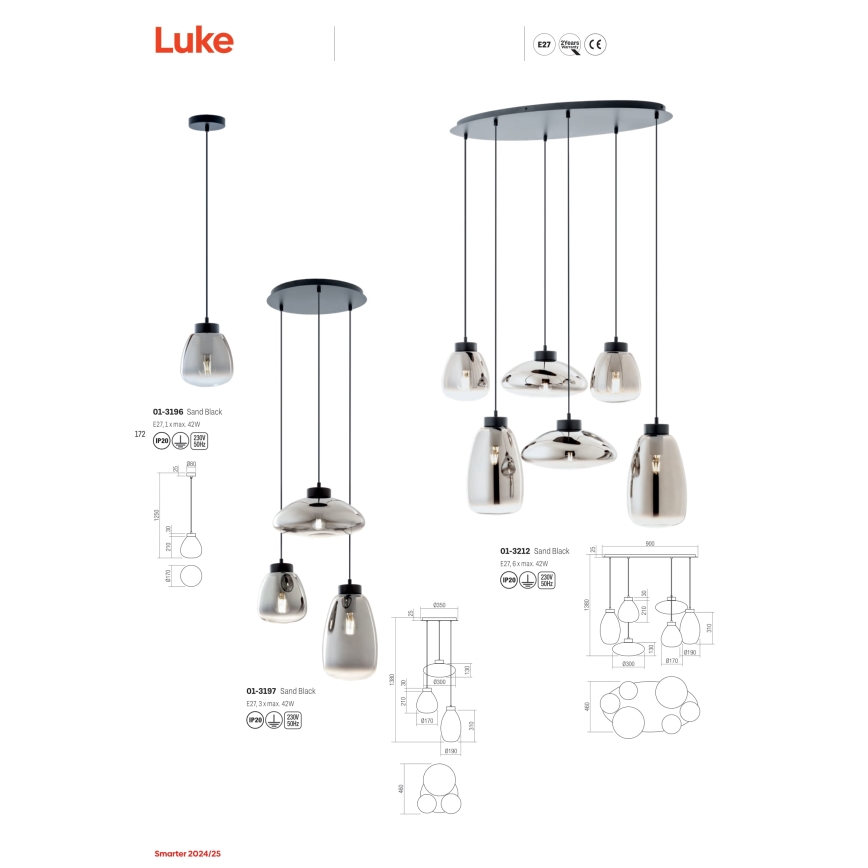 Redo 01-3197 - Lustra ar auklu LUKE 3xE27/42W/230V d. 46 cm melna