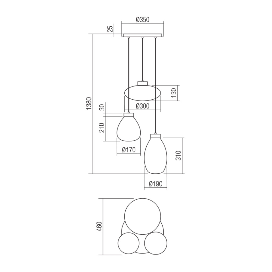 Redo 01-3197 - Lustra ar auklu LUKE 3xE27/42W/230V d. 46 cm melna