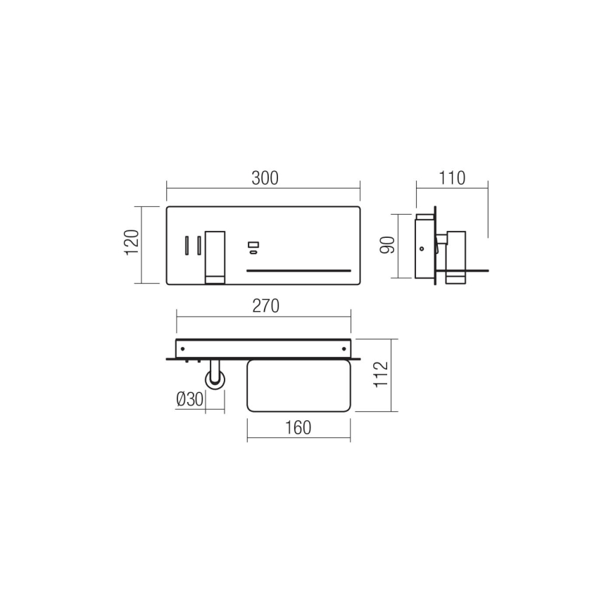 Redo 01-3316 - LED Sienas starmetis BROOK LED/8W/230V + LED/3W USB CRI 90 melna pa labi