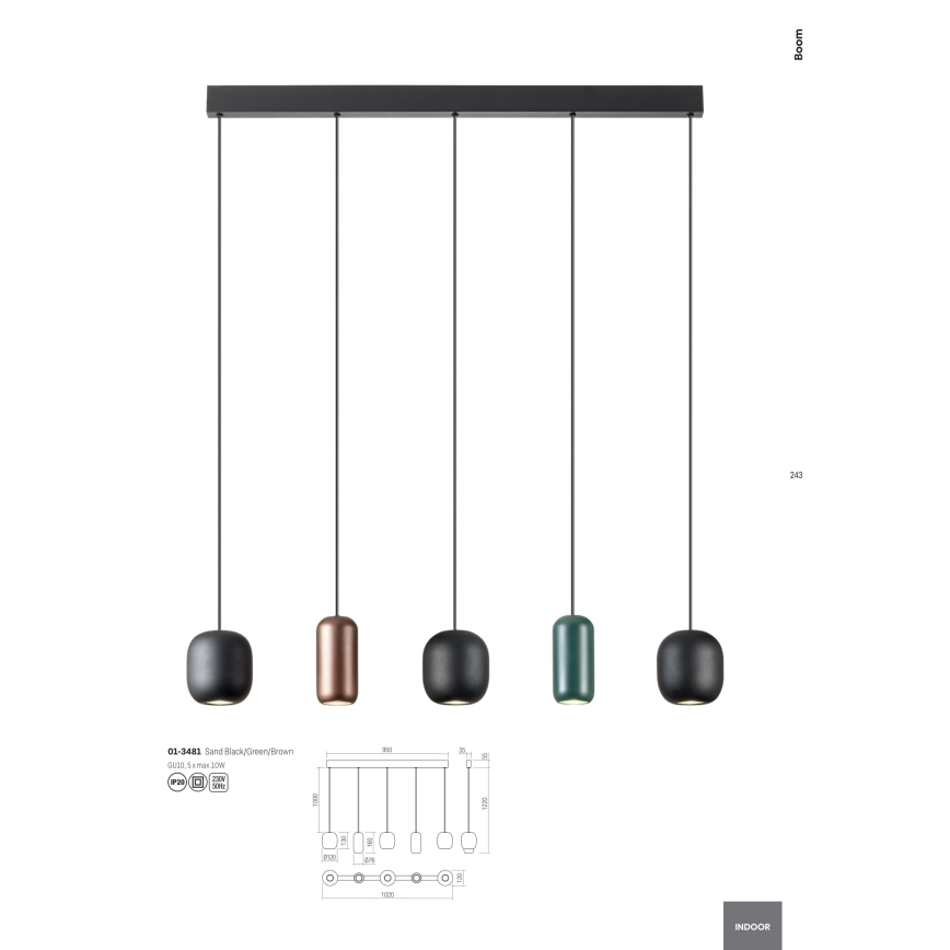 Redo 01-3481 - Lustra ar auklu BOOM 5xGU10/10W/230V melna/zaļa/brūna