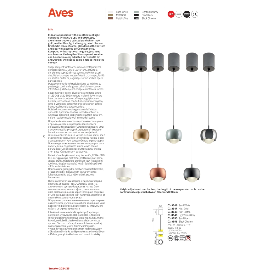 Redo 01-3549 - LED Lustra ar auklu AVES LED/12W/230V d. 9,6 cm CRI 90 pelēka