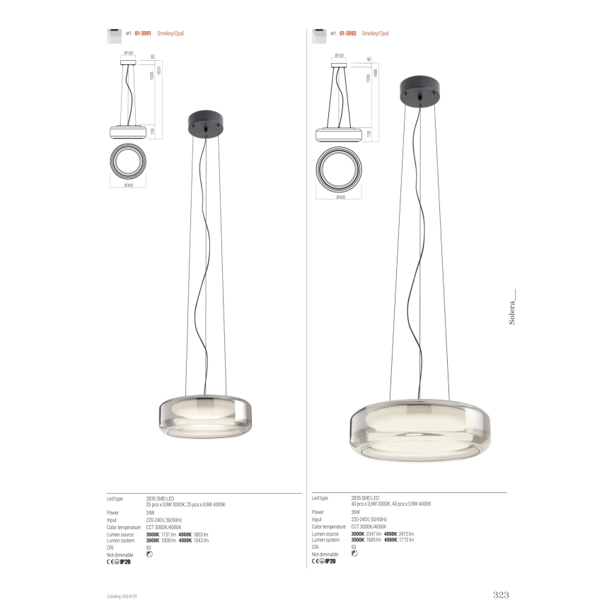 Redo 01-3591 - LED Lustra ar auklu SOLERA LED/24W/230V d. 35 cm CRI 93 3000/4000K pelēka
