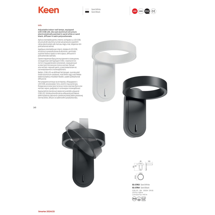 Redo 01-3764 - LED Sienas lampa KEEN LED/6W/230V CRI 90 melna