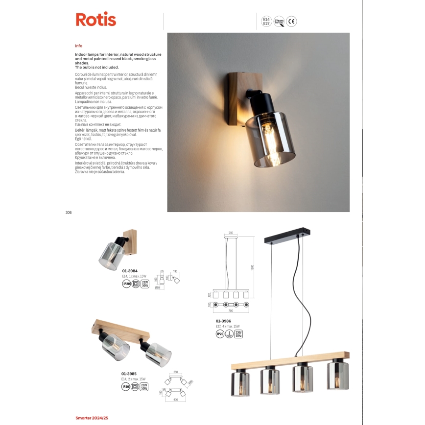Redo 01-3986 - Lustra ar auklu ROTIS 4xE27/15W/230V