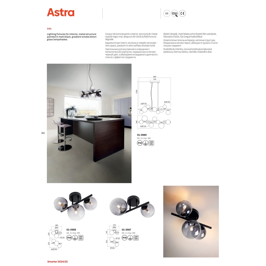 Redo 01-3989 - Lustra ar auklu ASTRA 9xG9/8W/230V melna