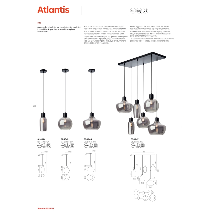 Redo 01-4046 - Lustra ar auklu ATLANTIS 1xE27/42W/230V d. 26 cm melna