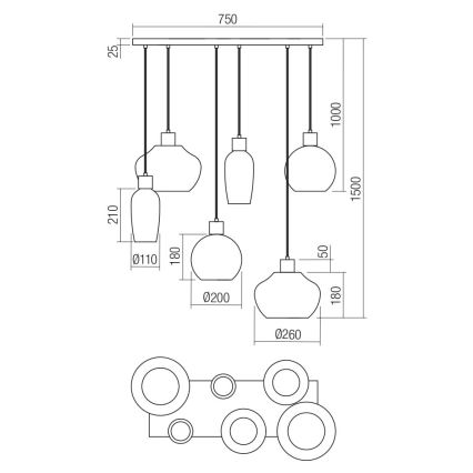 Redo 01-4047 - Lustra ar auklu ATLANTIS 6xE27/42W/230V melna