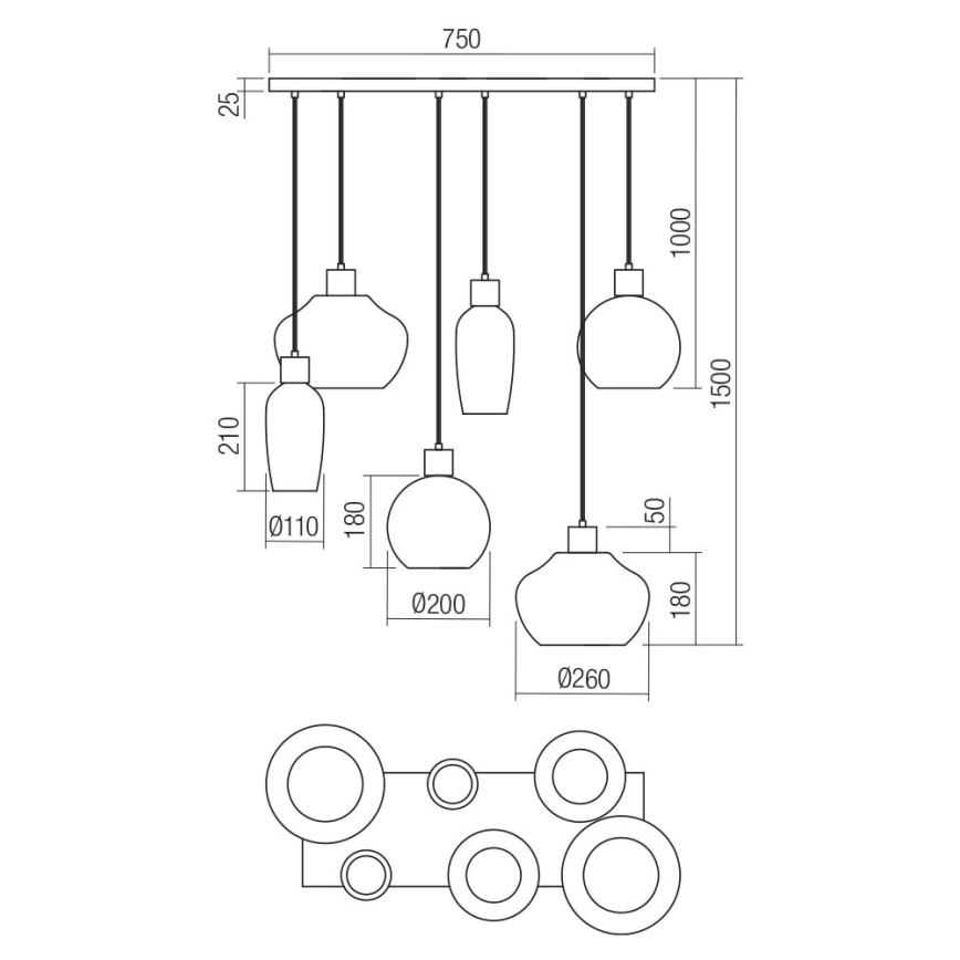 Redo 01-4047 - Lustra ar auklu ATLANTIS 6xE27/42W/230V melna