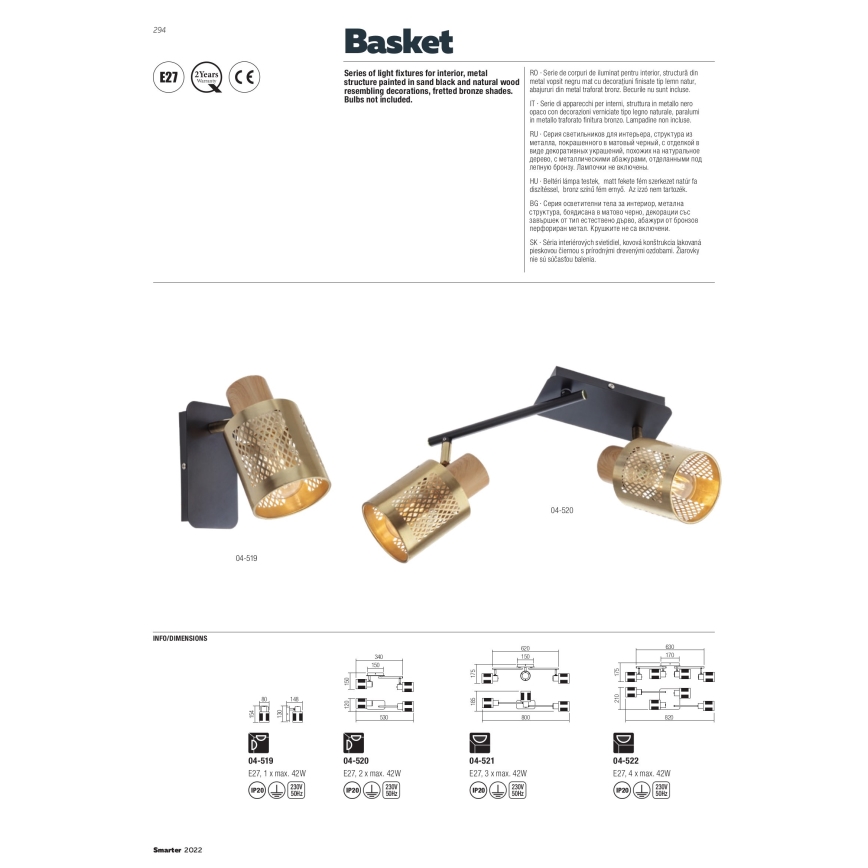 Redo 04-522 - Virsapmetuma lustra BASKET 4xE27/42W/230V bronzas