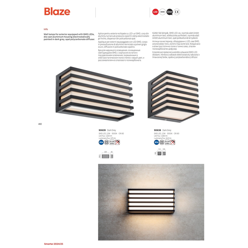 Redo 90639 - LED Āra sienas lampa BLAZE LED/12W/230V 3000K IP54 antracīta