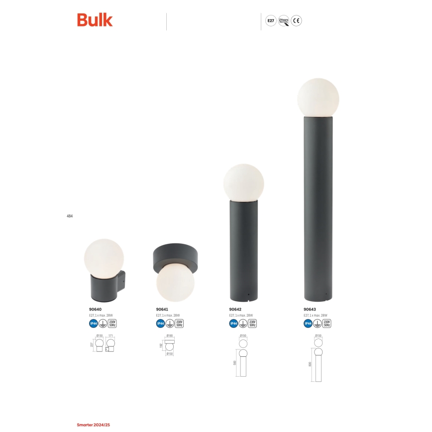 Redo 90642 - Āra lampa BULK 1xE27/28W/230V 50 cm IP44 antracīta