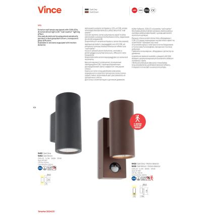 Redo 9453 - LED Āra sienas lampa ar sensoru VINCE 2xLED/3W/230V IP54 antracīta