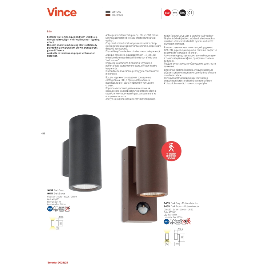 Redo 9453 - LED Āra sienas lampa ar sensoru VINCE 2xLED/3W/230V IP54 antracīta