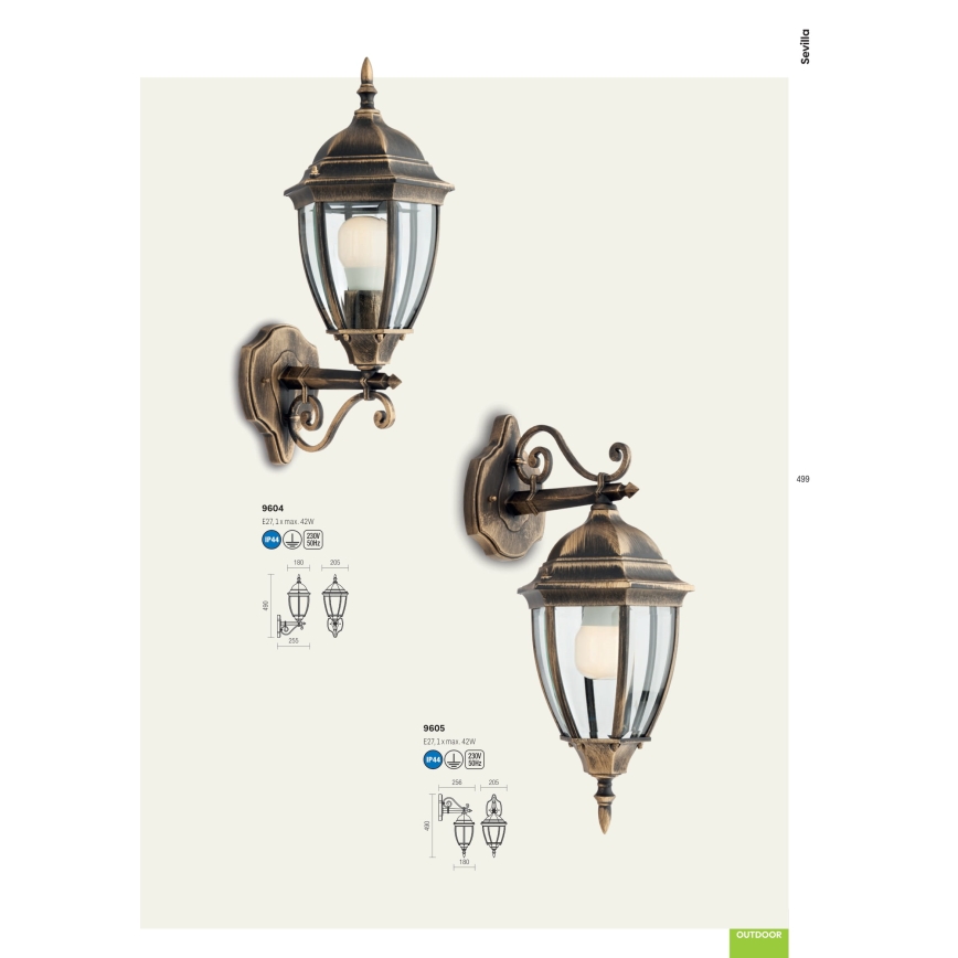 Redo 9605 - Āra sienas lampa SEVILLA 1xE27/42W/230V IP44 zelta/patina