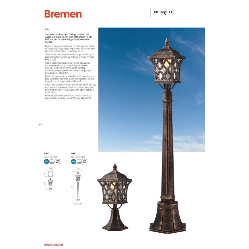 Redo 9953 - Āra lampa BREMEN 1xE27/42W/230V IP23 zelta/patina