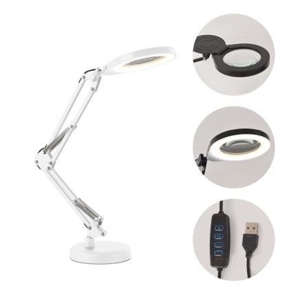 LED regulējama galda lampa ar lupu 2 vienā AURIQ LOUPE LED/10W/5V 3000/4000/6500K balta