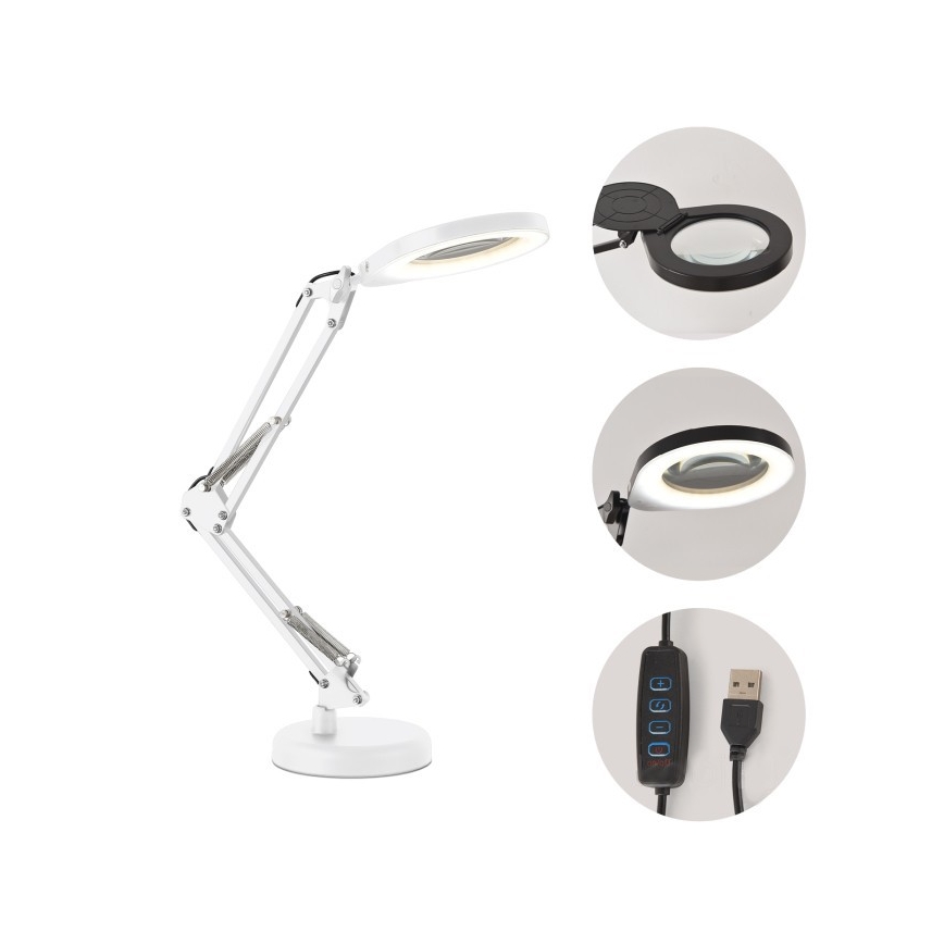 LED regulējama galda lampa ar lupu 2 vienā AURIQ LOUPE LED/10W/5V 3000/4000/6500K balta