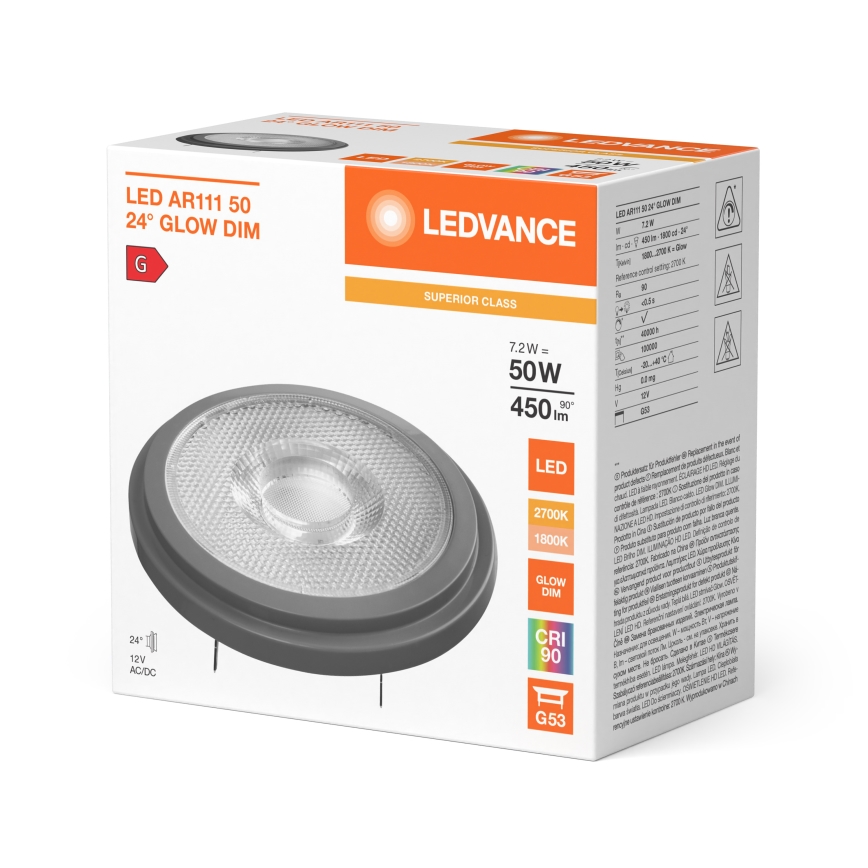 Regulējama LED spuldze AR111 G53/7,2W/12V 1800-2700K 24° CRI 90 - Ledvance