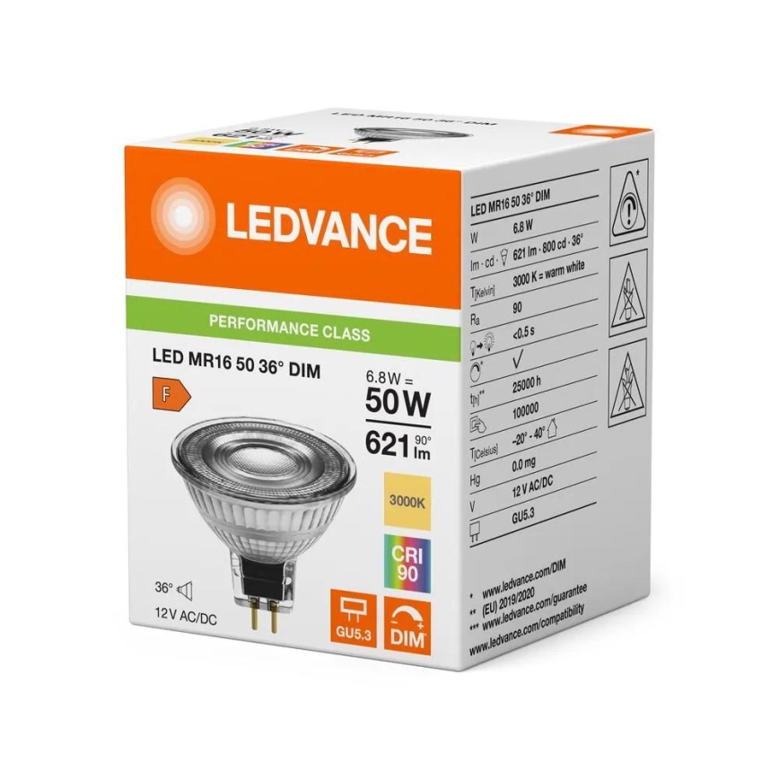 Regulējama LED spuldze MR16 GU5,3/6,8W/12V 3000K 36° CRI 90 - Ledvance