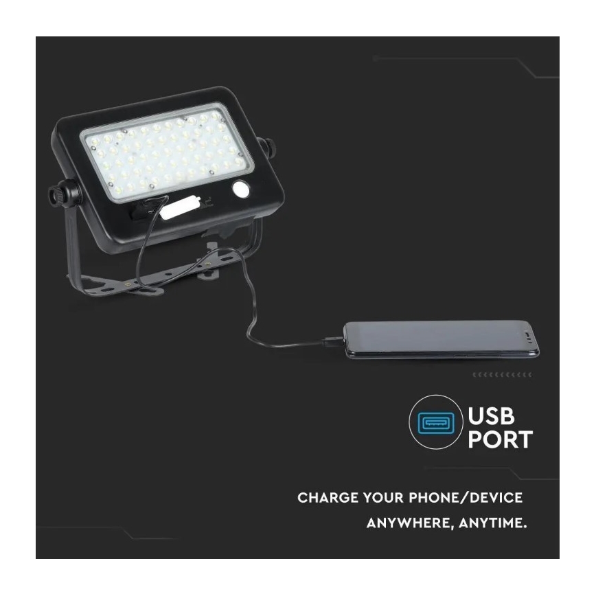 LED aptumšojams saules prožektors ar sensoru LED/10W/3,7V 4000K IP65 7200 mAh + USB ports