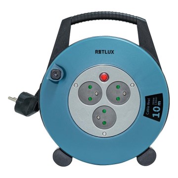 Retlux - 10 m spoles pagarinātājs ar 3 kontaktligzdām, E tips, zils/melns