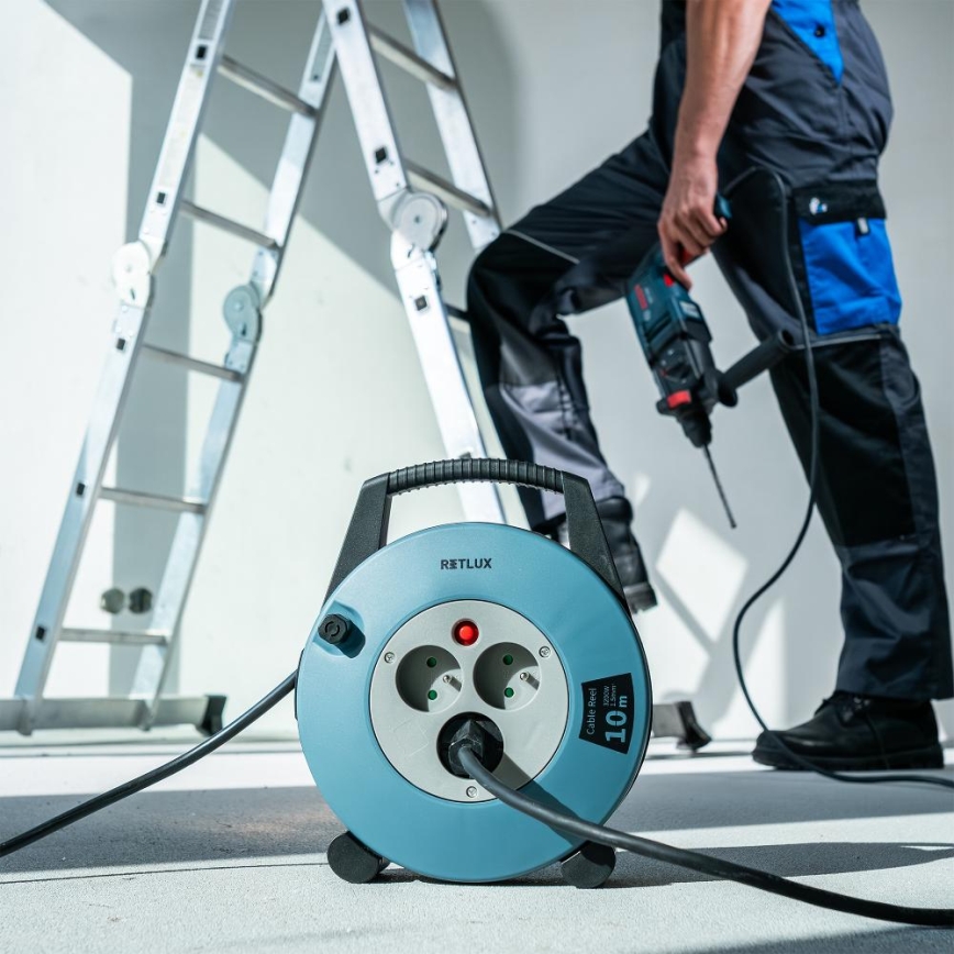 Retlux - 10 m spoles pagarinātājs ar 3 kontaktligzdām, E tips, zils/melns