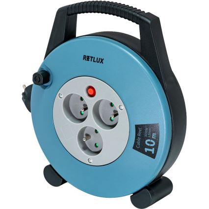 Retlux - 10 m spoles pagarinātājs ar 3 kontaktligzdām, E tips, zils/melns