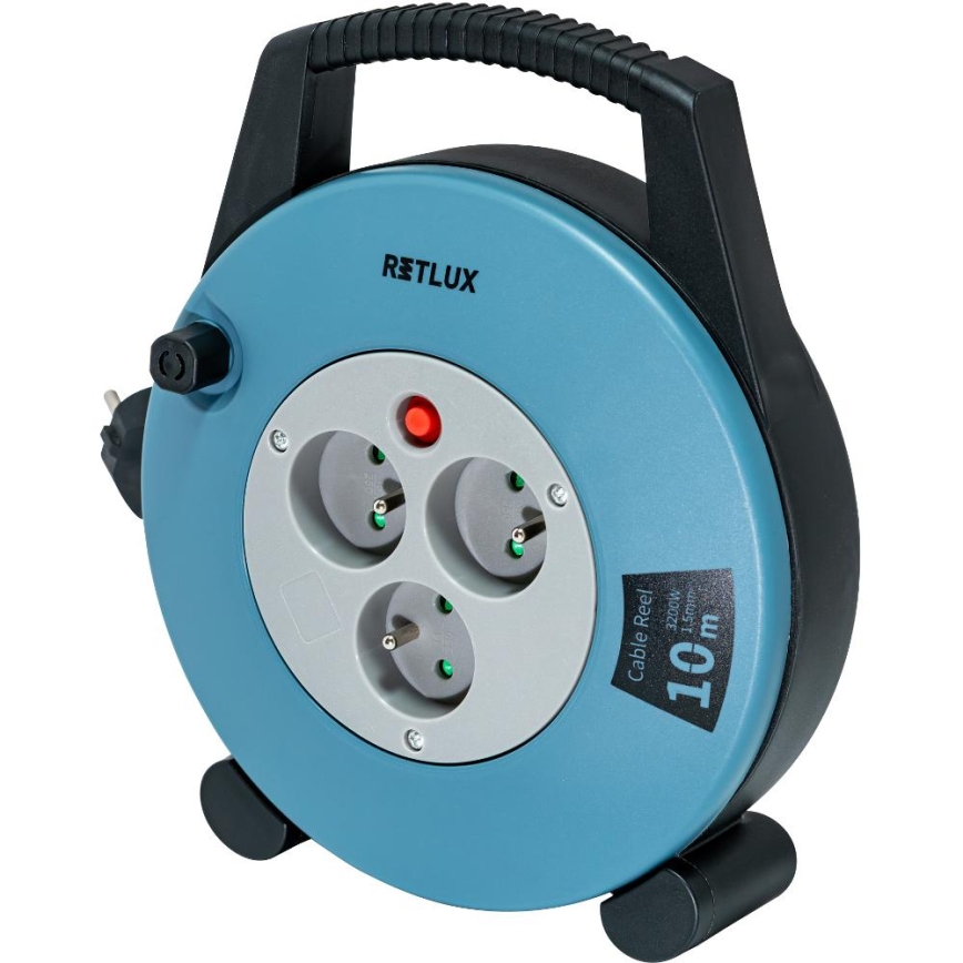 Retlux - 10 m spoles pagarinātājs ar 3 kontaktligzdām, E tips, zils/melns