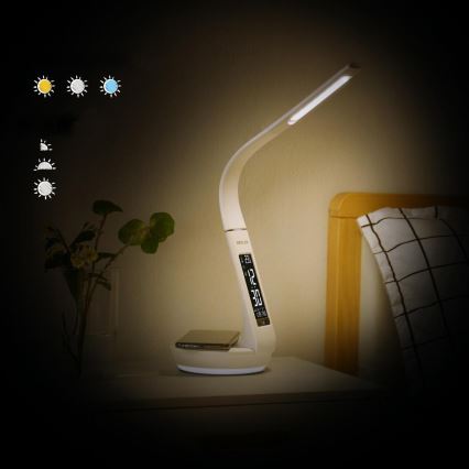 LED Aptumšojama galda lampa ar bezvadu uzlādi Qi 5W un ekrāns LED/6W/230V/1xCR2032 3000/4000/6000K balta