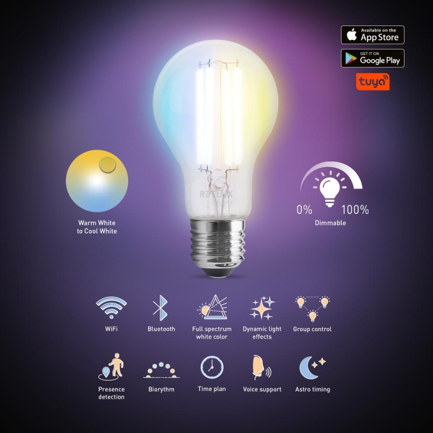 LED Aptumšojama spuldze FILAMENT A60 E27/7W/230V 2700-6500K Wi-Fi Tuya