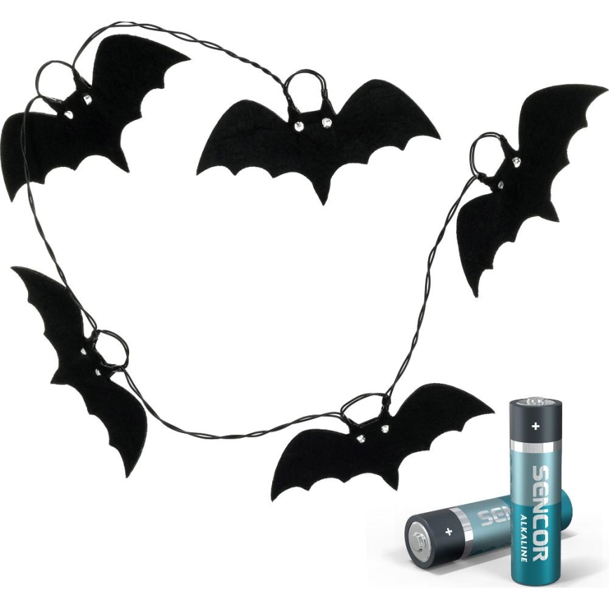 LED Dekoratīva virtene HALLOWEEN 10xLED/2xAA/silti balta 1,3m sikspārņi