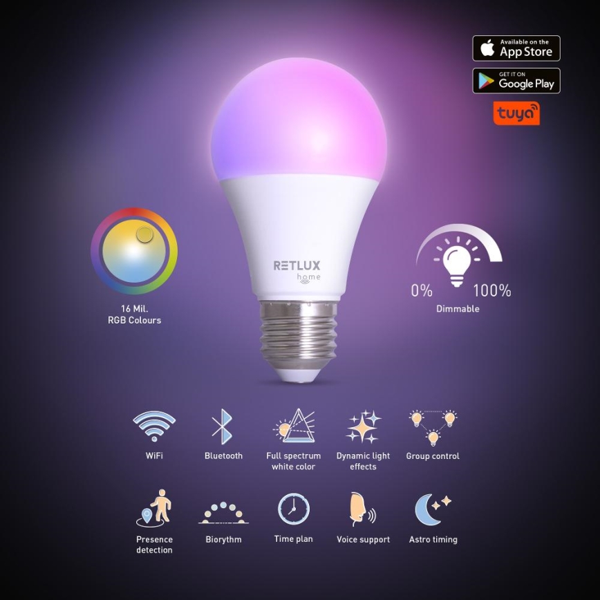 LED RGBW Aptumšojama spuldze A60 E27/9W/230V 2700-6500K Wi-Fi Tuya
