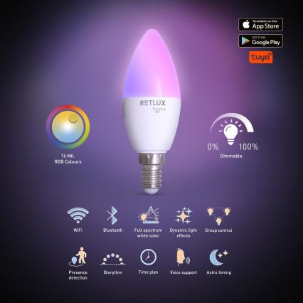 LED RGBW Aptumšojama spuldze C37 E14/4,5W/230V 2700-6500K Wi-Fi Tuya