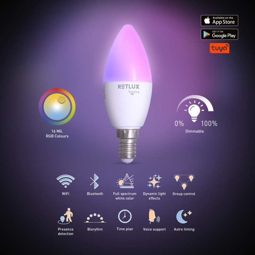 LED RGBW Aptumšojama spuldze C37 E14/4,5W/230V 2700-6500K Wi-Fi Tuya