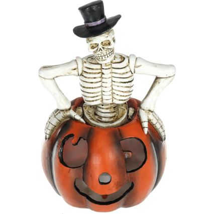 LED Rotājums HALLOWEEN LED/2xLR44/silti balta skelets ķirbī sveķi