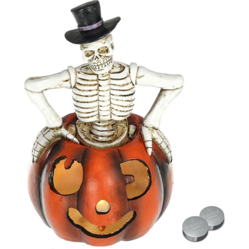 LED Rotājums HALLOWEEN LED/2xLR44/silti balta skelets ķirbī sveķi