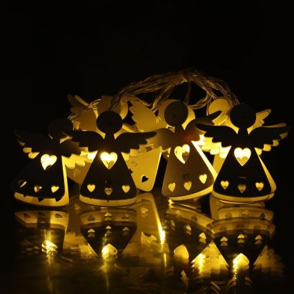 LED gaismas virtene, 10 LED, 2x AA, silti balta, 2 m, ar eņģeļiem