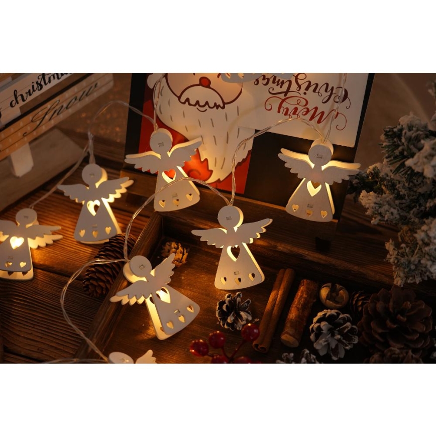 LED gaismas virtene, 10 LED, 2x AA, silti balta, 2 m, ar eņģeļiem