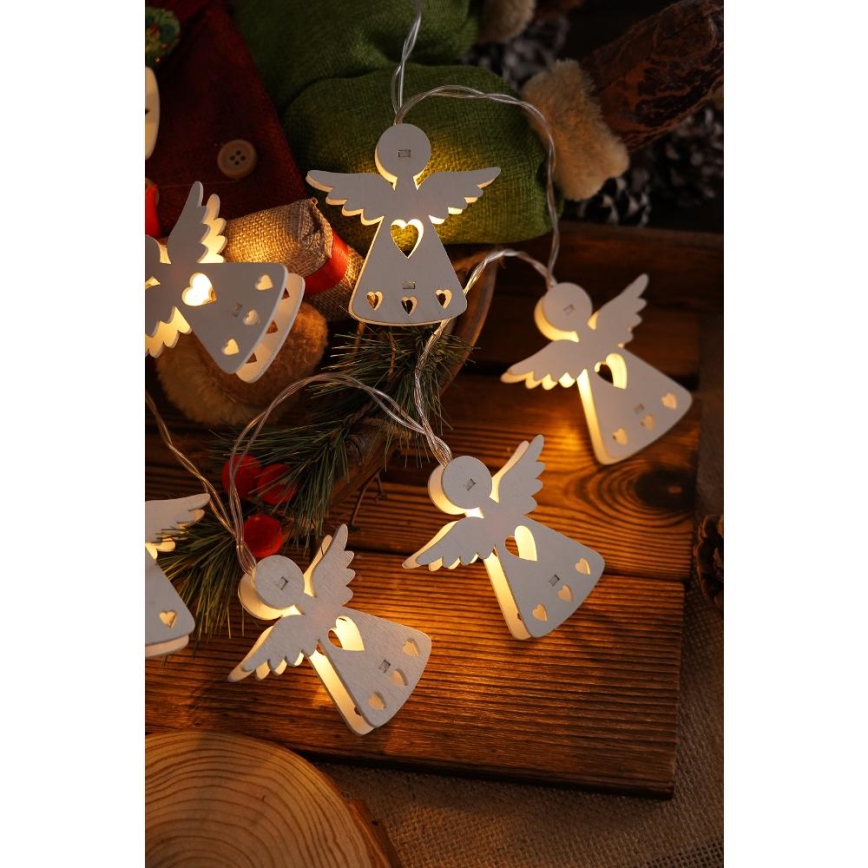LED gaismas virtene, 10 LED, 2x AA, silti balta, 2 m, ar eņģeļiem