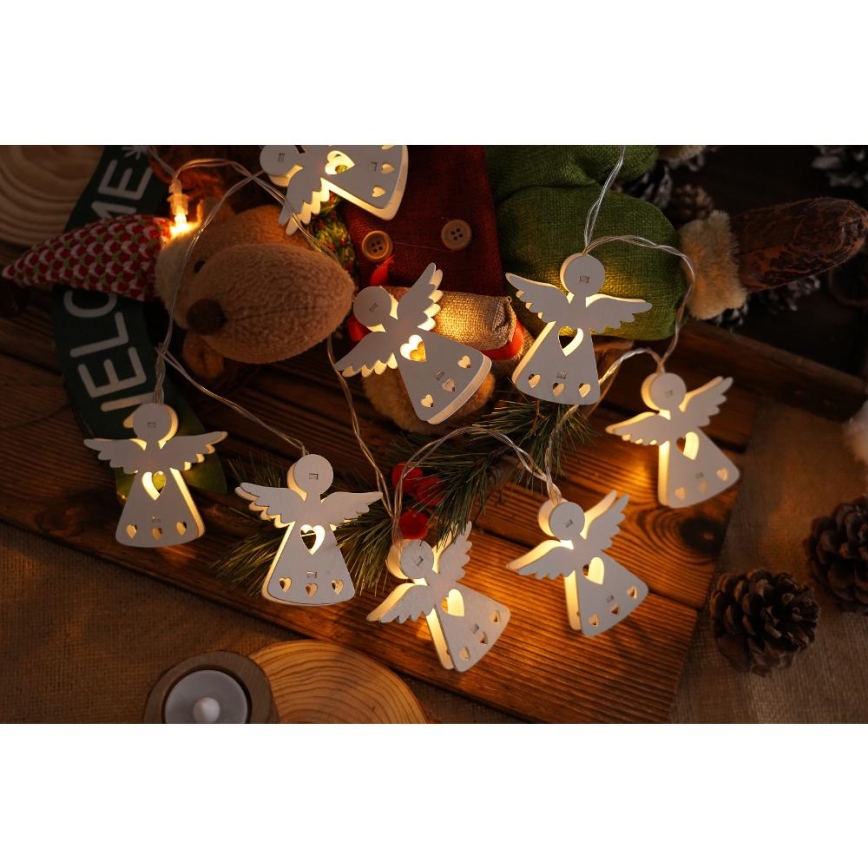 LED gaismas virtene, 10 LED, 2x AA, silti balta, 2 m, ar eņģeļiem