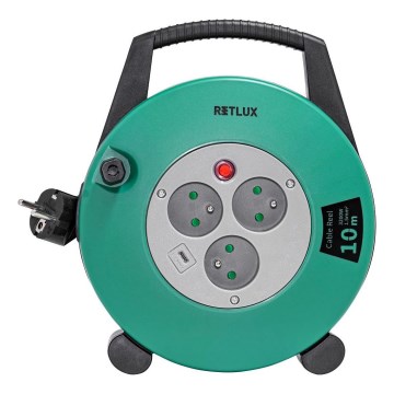 Retlux - pagarināmais kabelis uz spoles ar 3 kontaktligzdām, E tips, 10m, zaļš/melns