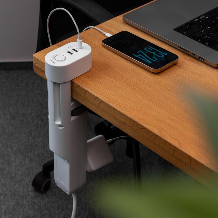 Pagarinātāja kabelis ar galda stiprinājumu 3 kontaktligzdas (E tips) + 2xUSB-A + 1xUSB-C 1,5m balts