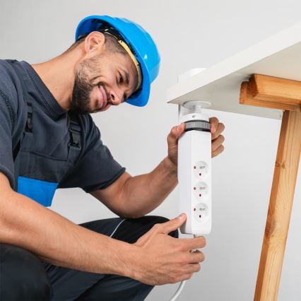 Pagarinātāja kabelis ar galda stiprinājumu 3 kontaktligzdas (E tips) + 2xUSB-A + 1xUSB-C 1,5m balts