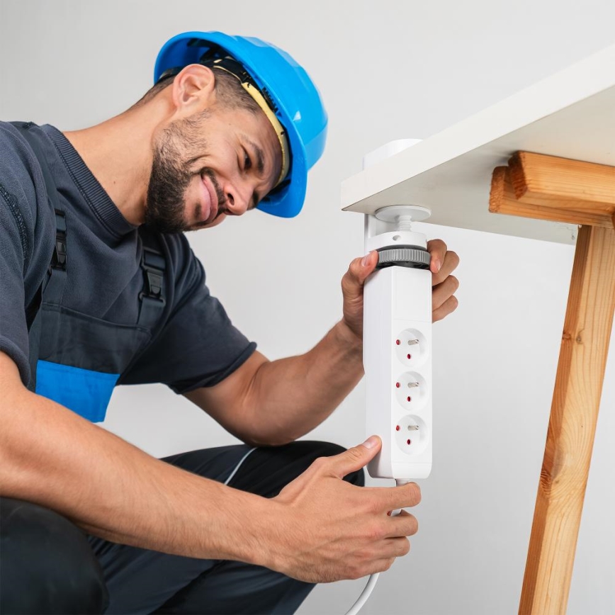 Pagarinātāja kabelis ar galda stiprinājumu 3 kontaktligzdas (E tips) + 2xUSB-A + 1xUSB-C 1,5m balts